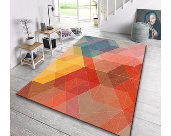 Tapete geométrico colorido, tapete moderno com padrão triangular, tapete abstrato multicolorido para sala de estar ou quarto