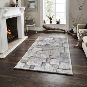 Stone Tile Effect Rug, 3D Geometric Area Carpet,Modern Textured Floor Decor for Living Room