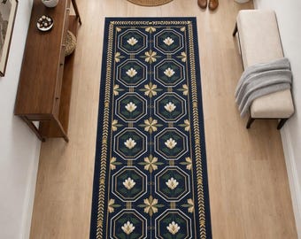 Dunkelblauer Geometrischer Teppichläufer, Klassischer Flur Läufer, Traditioneller Teppich mit Geometrischem Muster, Eingangsbereich Korridor Teppich, Gedruckter Läufer im Vintage-Stil