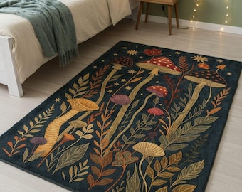 Boho svampmatta, botanisk skogsmatta, Cottagecore naturdekor, mörkgrön svampmatta, nyckfull skogsmatta