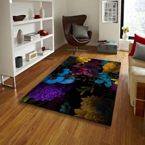 Vibrant Floral Area Rug, Modern Black Background with Colorful Flowers,Large Floral Design,Living Room or Bedroom Decor