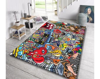 Urban Graffiti Art Rug,Colorful Street Style Carpet,Funky Cartoon Area Rug For Teen Room or Game Space Decor