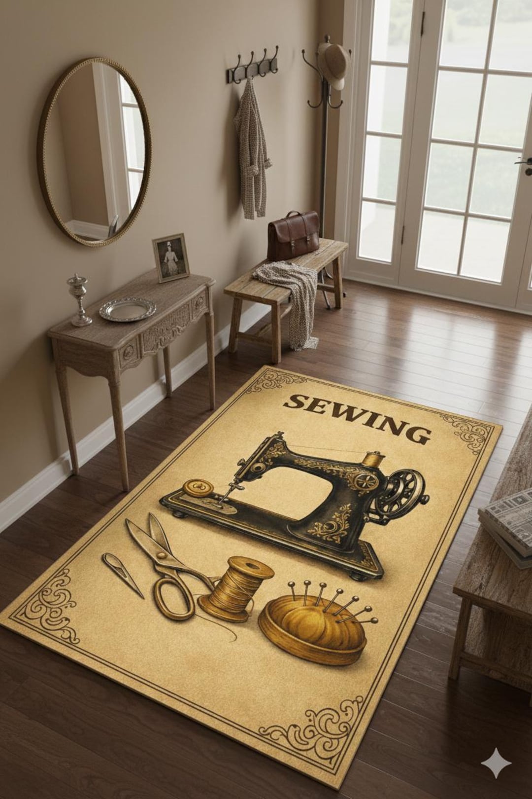 Sewing Machine Rug Pattern Vintage Sewing Machine Rug,seamstress Craft Room Carpet,tailor Studio ...