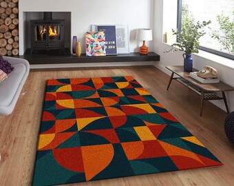 Modern Geometric Pattern Rug,Colorful Abstract Shapes Carpet for Living Room and Lounge