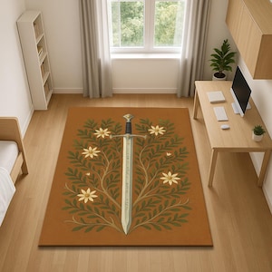 Tappeto floreale fantasy, tappeto con spada medievale, decorazione da cavaliere, tappeto unico per soggiorno, zerbino a tema gotico e guerriero
