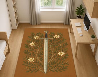 Fantasy Floral  Carpet,Medieval Sword  Rug,Knight Decor,Unique Living Room Area Rug,Gothic and Worrior Themed Floor Mat