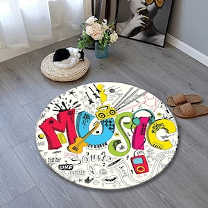 Alfombra redonda con temática musical colorida, con estampado de dibujos animados, decoración para habitación infantil, regalo para amantes de la música.