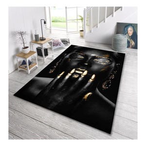 Tapis femme noire de luxe, tapis artistique afrocentrique glam, décoration de chambre moderne et élégante pour salon ou chambre à coucher