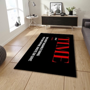 Time Magazine Style Area Rug,&#39;&#39;TİME&#39;&#39; Quote Motivational Rug, Inspirational Black & Orange Rug,Unique Graphic Floor Mat