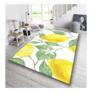 Lemon Print Rug, Bright Yellow Fruit Kitchen Rug,Summer Botanical Carpet