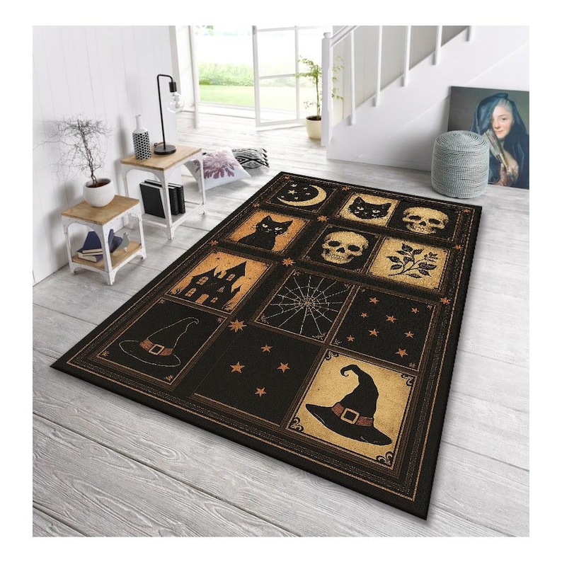 Halloween Rug – Vintage Witch Hat, Cat, Skull & Spider Web Carpet ...