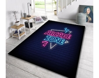 Arcade zone  rug, Retro neon Gaming Room Carpet, Gamer Decor Floor Mat for Boys,teens,or Game room