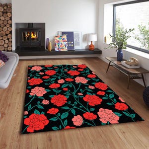 Dark Floral Area rug with Rose Pattern,Vintage Insired Floral Rose Area Rug