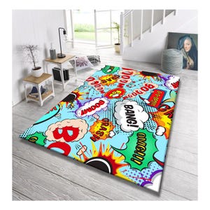 Comic book rug,Cartoon Rug, Pop art rug, Retro Comıc Decor, Superhero style rug, KİDS ROOM RUG, Teen bedroom decor, playroom carpet,