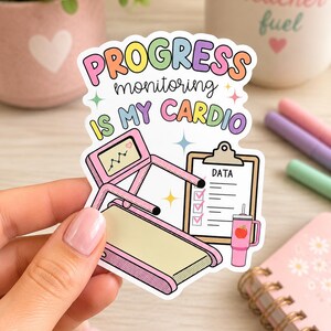 May include: A die-cut sticker featuring a pink treadmill, a clipboard labeled DATA with checkboxes, and a pink tumbler with an apple icon. The text reads PROGRESS monitoring IS MY CARDIO in colorful letters, accented by small star shapes on a white background.
