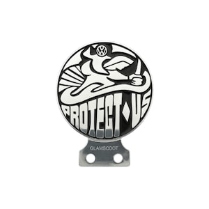 Vintage VW “Protect Us” Car Badge Emblem – Classic Volkswagen Bus Beetle Karmann Plaque (7x9 cm)