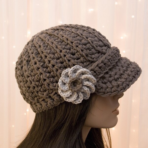 Cotton Crochet Newsboy Hat with Flower -  For Women - Pick Your Colors - Made to Order