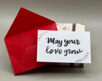 Que vuestro amor crezca. Miniatura de felicitación y recuerdo escrita a mano.