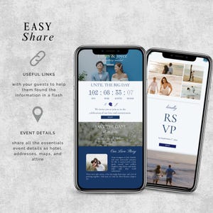 Puede incluir: Dos tel&eacute;fonos inteligentes que muestran una invitaci&oacute;n de boda. La invitaci&oacute;n incluye los nombres de la pareja, una cuenta regresiva e informaci&oacute;n de RSVP. El dise&ntilde;o presenta fotos, detalles florales y una combinaci&oacute;n de colores azul y blanco.
