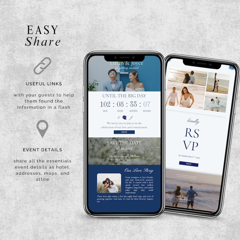Puede incluir: Dos tel&eacute;fonos inteligentes que muestran una invitaci&oacute;n de boda. La invitaci&oacute;n incluye los nombres de la pareja, una cuenta regresiva e informaci&oacute;n de RSVP. El dise&ntilde;o presenta fotos, detalles florales y una combinaci&oacute;n de colores azul y blanco.