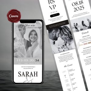 May include: A smartphone displays a wedding invitation with a countdown timer, featuring a grayscale photo of a bride and groom. The invitation includes details like the date, time, and location, along with RSVP information and event schedule.