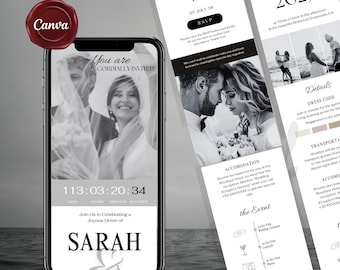 Invitación de boda digital minimalista, plantilla para guardar la fecha, formulario RSVP interactivo, editable, descarga instantánea, diseño moderno y sencillo.