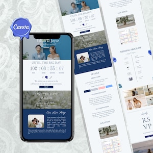 May include: A smartphone displays a wedding invitation design with a navy blue and white color scheme. The design includes photos, event details, and the text "Ethan & Joyce" and "Save the Date". The Canva logo is visible.