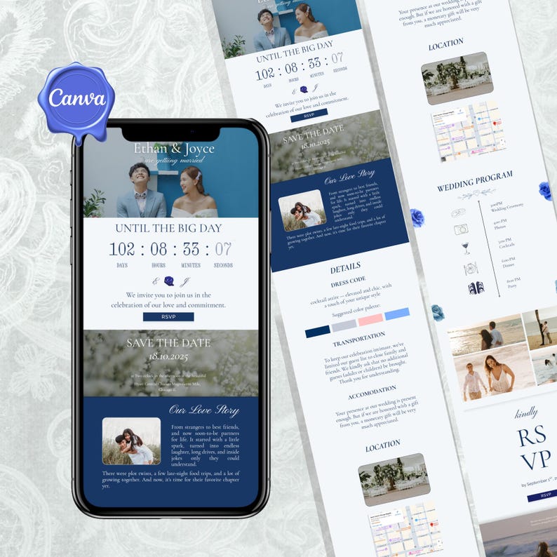 Puede incluir: Un smartphone muestra un dise&ntilde;o de invitaci&oacute;n de boda en azul marino y blanco. El dise&ntilde;o incluye fotos, detalles del evento y el texto "Ethan & Joyce" y "Save the Date". El logotipo de Canva es visible.