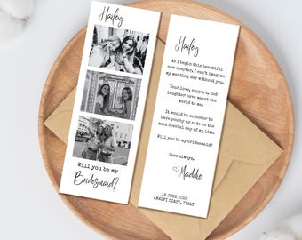 Tira de fotos "¿Quieres ser mi dama de honor?", plantilla editable de Canva, tarjeta de propuesta de dama de honor con foto, descarga instantánea para dama de honor.