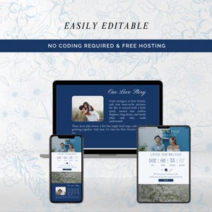 Puede incluir: Dise&ntilde;o de invitaci&oacute;n de boda digital que se muestra en una computadora port&aacute;til, un tel&eacute;fono inteligente y una tableta. El dise&ntilde;o presenta un fondo azul marino con patrones florales blancos y el texto "EASILY EDITABLE". Las pantallas muestran detalles de la boda y una cuenta regresiva.
