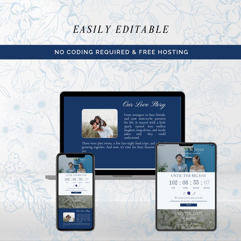Puede incluir: Dise&ntilde;o de invitaci&oacute;n de boda digital que se muestra en una computadora port&aacute;til, un tel&eacute;fono inteligente y una tableta. El dise&ntilde;o presenta un fondo azul marino con patrones florales blancos y el texto "EASILY EDITABLE". Las pantallas muestran detalles de la boda y una cuenta regresiva.