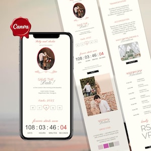 May include: A smartphone displays a wedding invitation with the text "Save the Date!" and a countdown timer. The design includes photos of the couple, event details, and a wedding day schedule. The Canva logo is in the corner.