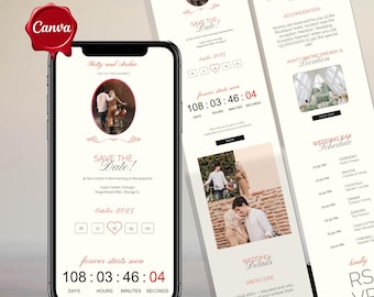 Digitale Hochzeits-Website-Vorlage, bearbeitbares Canva Speichern Sie das Datum mit Antwortverfolgung, Countdown-Timer, Hochzeitsdetails und Online-Einladungsprogramm
