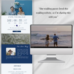 Puede incluir: Un monitor de ordenador muestra un sitio web de boda con una foto de una pareja en la playa. El sitio web incluye una cuenta atr&aacute;s, RSVP y detalles sobre la boda. El texto en la pantalla dice "Ethan & Joyce" y "Save the Date 18.10.2025".