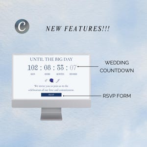 Puede incluir: Un monitor de ordenador muestra una cuenta atr&aacute;s de boda con el texto "UNTIL THE BIG DAY" y un temporizador. La pantalla tambi&eacute;n incluye un formulario RSVP y las palabras "NEW FEATURES!!!". El fondo es un dise&ntilde;o de acuarela azul claro.