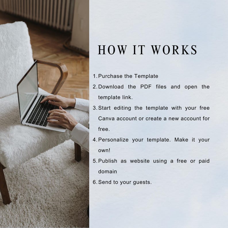 Puede incluir: Un port&aacute;til est&aacute; sobre una silla blanca y esponjosa. La pantalla est&aacute; abierta y el teclado es visible. El texto a la derecha dice "HOW IT WORKS" seguido de pasos numerados para usar una plantilla.