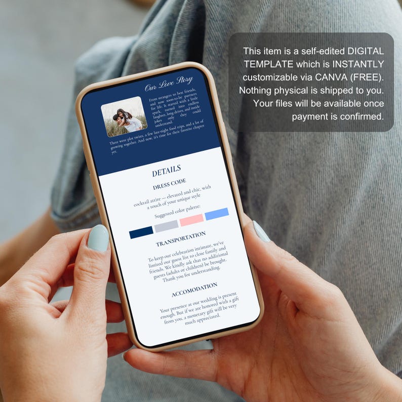 Puede incluir: Un tel&eacute;fono inteligente que muestra una plantilla de invitaci&oacute;n de boda con el texto "Our Love Story" y detalles del evento. La plantilla es personalizable a trav&eacute;s de Canva.