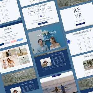 Puede incluir: Una colecci&oacute;n de dise&ntilde;os de papeler&iacute;a de boda en tonos azules y blancos. Los dise&ntilde;os incluyen invitaciones, tarjetas RSVP y programas. El texto incluye los nombres "Ethan & Joyce", la fecha y otros detalles de la boda.