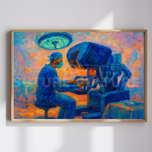 Könnte beinhalten: Ölgemälde einer chirurgischen Szene. Eine Person in blauer OP-Kleidung und Maske bedient ein großes robotergestütztes chirurgisches Gerät. Das Kunstwerk hat eine warme Farbpalette mit Orange-, Rosa- und Blautönen und ist gerahmt.