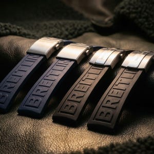 Könnte beinhalten: Vier Uhrenarmbänder aus Kautschuk, zwei in Marineblau und zwei in Schwarz, jeweils mit dem geprägten Schriftzug BREITLING und einer silberfarbenen Metall-Faltschließe. Die Armbänder sind in einer Reihe angeordnet und zeigen den Markennamen.
