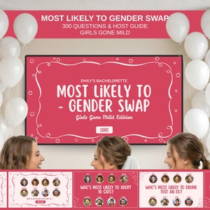 Op de afbeelding: Een gezelschapsspel getiteld "Most Likely to Gender Swap" met een roze achtergrond en witte tekst. Het spel bevat 300 vragen en een hostgids. Witte ballonnen versieren de achtergrond. Het spel is ontworpen voor een vrijgezellenfeest.