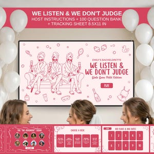Op de afbeelding: Een roze en witte vrijgezellenfeestspelset met de tekst "WE LISTEN & WE DON'T JUDGE". De set bevat hostinstructies, een vragenbank van 100 vragen en een trackingsheet. De game bevat illustraties van vrouwen en feestthema-iconen.