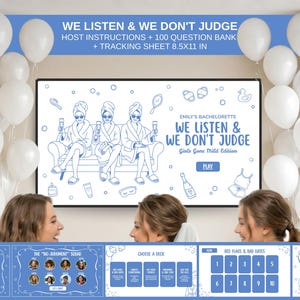 以下が含まれることがあります： 「We Listen & We Don't Judge」というタイトルのパーティーゲーム。テキストには「Emily's Bachelorette」と「Girls Gone Mild Edition」が含まれています。画像には、白い風船に囲まれたバスローブ姿の女性のイラストが描かれています。トラッキングシートが含まれています。