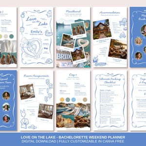 May include: A digital bachelorette weekend planner titled "Love on the Lake." The design features a light blue and white color scheme with various sections including a mood board, accommodation details, and a packing checklist. The planner is fully customizable in Canva.