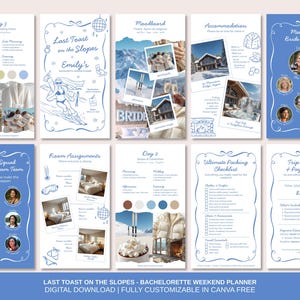 May include: A digital bachelorette weekend planner with a blue and white design. The planner includes pages for Day 3, Last Toast on the Slopes, Moodboard, Accommodation, Meet the Bride Squad, Room Assignments, Day 2, Ultimate Packing Checklist, and Trip Costs.