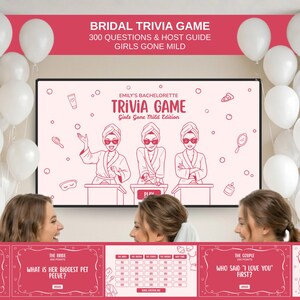 Op de afbeelding: Een bruiloft trivia-spelset met de tekst "Bridal Trivia Game" en "Girls Gone Mild". Het spel bevat een hostgids en 300 vragen. De afbeelding toont een cartoon illustratie en witte ballonnen.