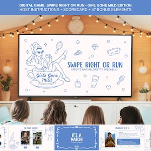 May include: A digital party game, "Swipe Right or Run - Girl Gone Mild Edition", displayed on a large screen. The screen shows a cartoon of a woman in a teacup. Below are additional game elements and four women watching the screen.