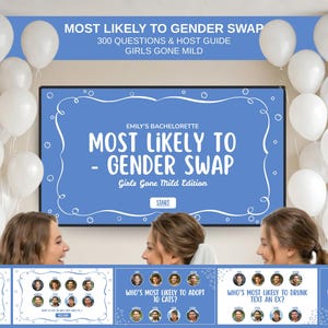 Op de afbeelding: Een blauw spelbord met de tekst "MOST LIKELY TO GENDER SWAP" en "Girls Gone Mild Edition". Witte ballonnen zijn op de achtergrond. Het spel bevat 300 vragen en een hostgids. Drie vrouwen staan op de voorgrond.