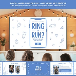 May include: A digital dating game, "Ring or Run?", displayed on a large screen. The game's interface is blue and white, with icons and the text "Gender Swap Dating App". The image shows a group of people watching the screen, with fairy lights above.
