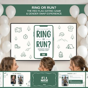 Pode incluir: Imagem promocional de um jogo de encontros chamado "Ring or Run?" com o slogan "The Red Flag Dating Game & Gender Swap Experience". O logotipo do jogo e a interface do aplicativo são exibidos em uma tela, cercados por balões brancos.